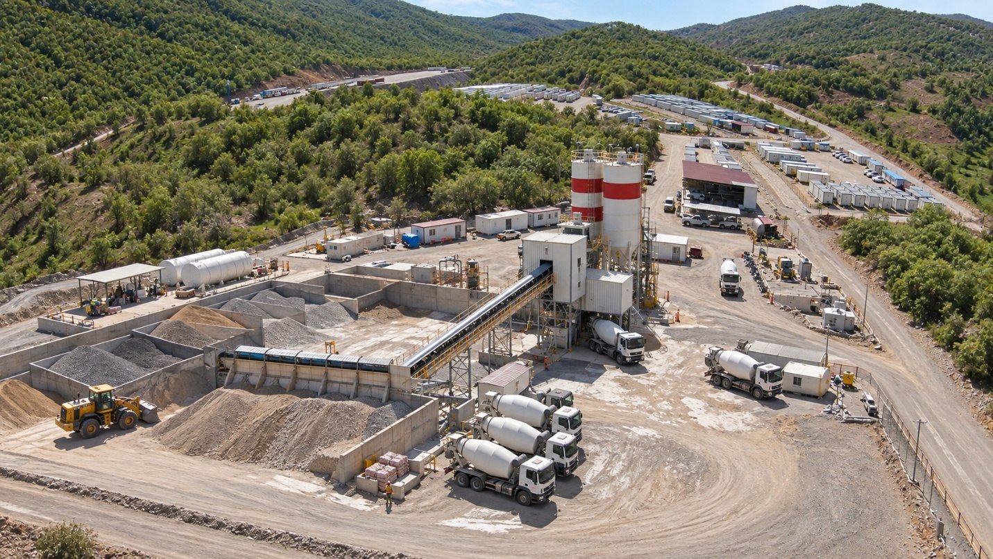 Concrete batching plant, aggregate storage bays and mixer trucks at the Atrush project site