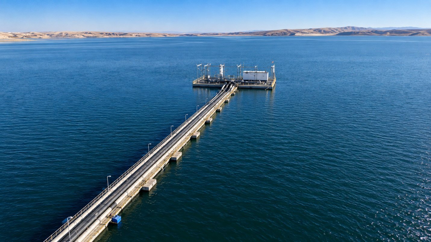 Floating pontoon bridge and intake platform extending into Mosul Dam Reservoir