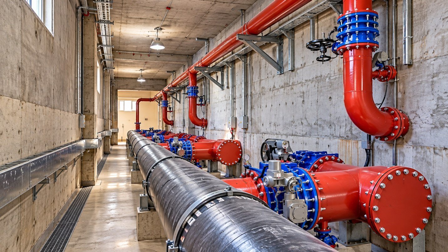 Large pipework and valves inside a Faida plant building